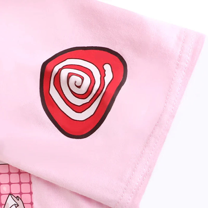 Pink cotton t-shirt sleeve with red and white spiral cartoon graphic print