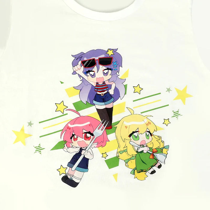 White cotton t-shirt with colorful anime girl characters and star designs printed on front.