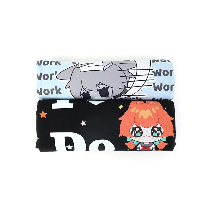 Folded custom cotton t-shirts with colorful anime character prints and text