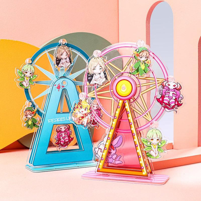Colorful customized Ferris wheel acrylic standees with anime character charms, decorative display.