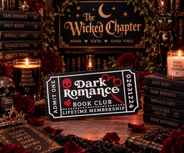 Dark romance bookcase ticket decor:  Dark romance