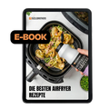 Tablet zeigt Airfryer-Gericht und E-BOOK-Overlay, mit Text 'DIE BESTEN AIRFRYER REZEPTE'.