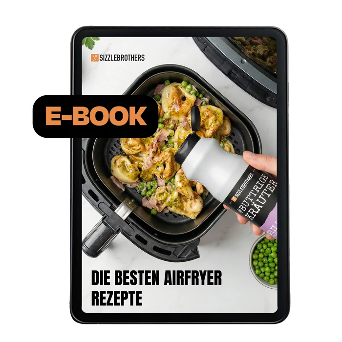 Tablet zeigt Airfryer-Gericht und E-BOOK-Overlay, mit Text 'DIE BESTEN AIRFRYER REZEPTE'.