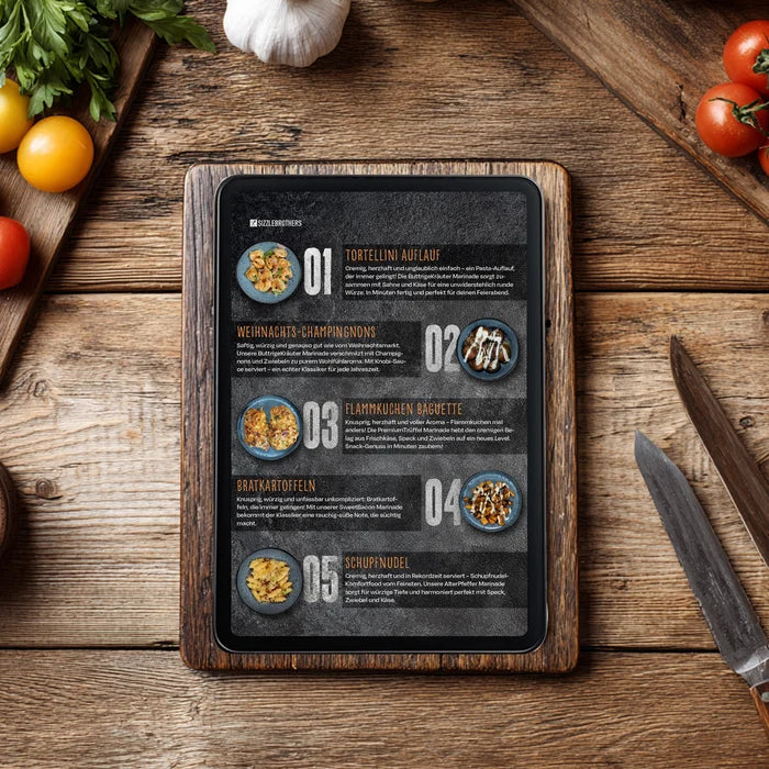 Tablet auf Holzuntergrund mit Rezepten und Bildern von Gerichten.