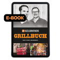 E-Book-Cover: Sizzlebrothers Grillbuch mit Porträts und gegrilltem Fleisch.