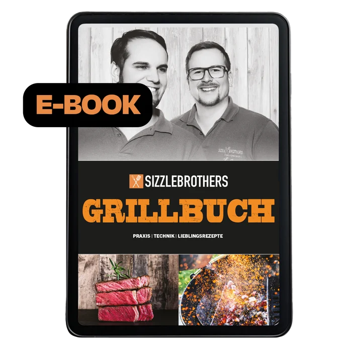E-Book-Cover: Sizzlebrothers Grillbuch mit Porträts und gegrilltem Fleisch.