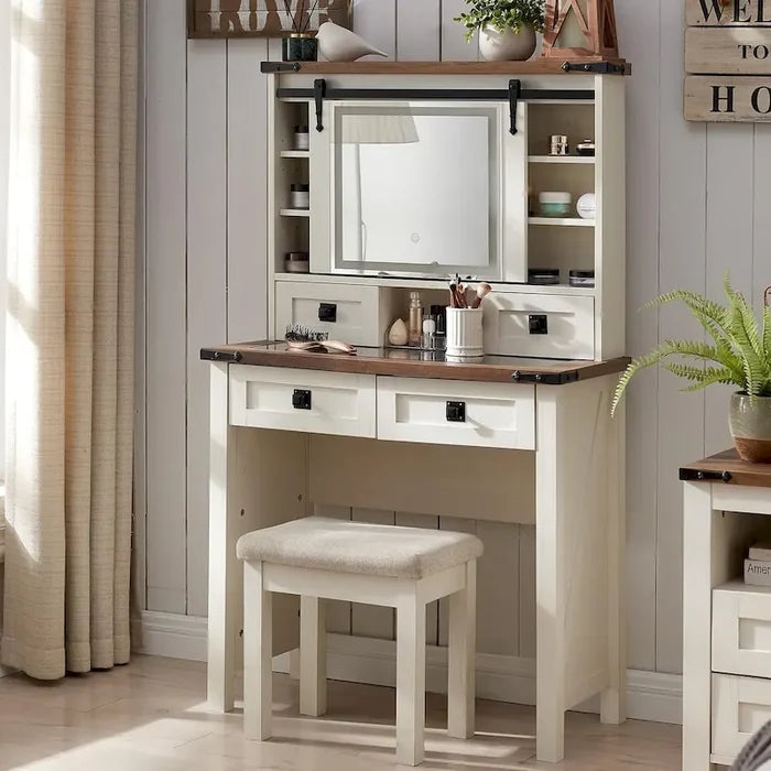 Farmhouse Makeup Vanity Desk, Vanity Dressing Table, Stool Included