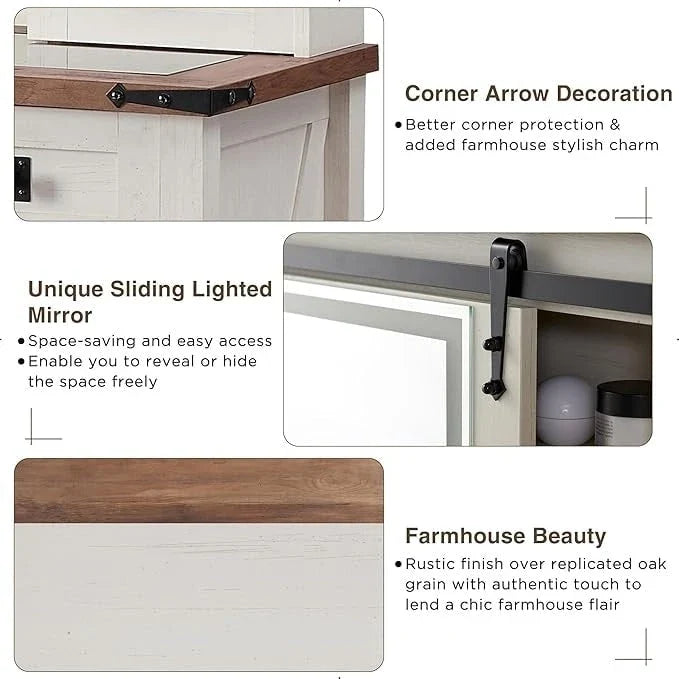 Farmhouse Makeup Vanity Desk with Mirror and Upholstered Stool