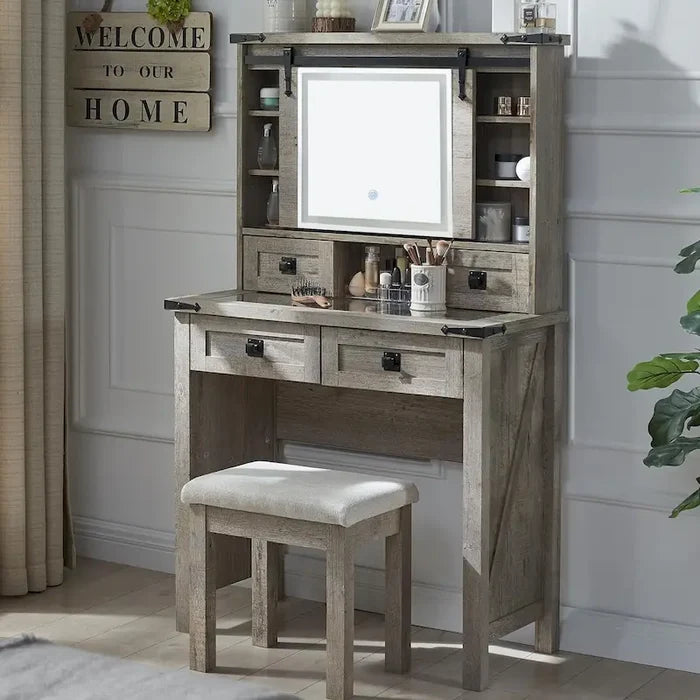 Farmhouse Makeup Vanity Desk with Mirror and Upholstered Stool