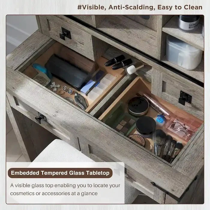 Farmhouse Makeup Vanity Desk with Mirror and Upholstered Stool