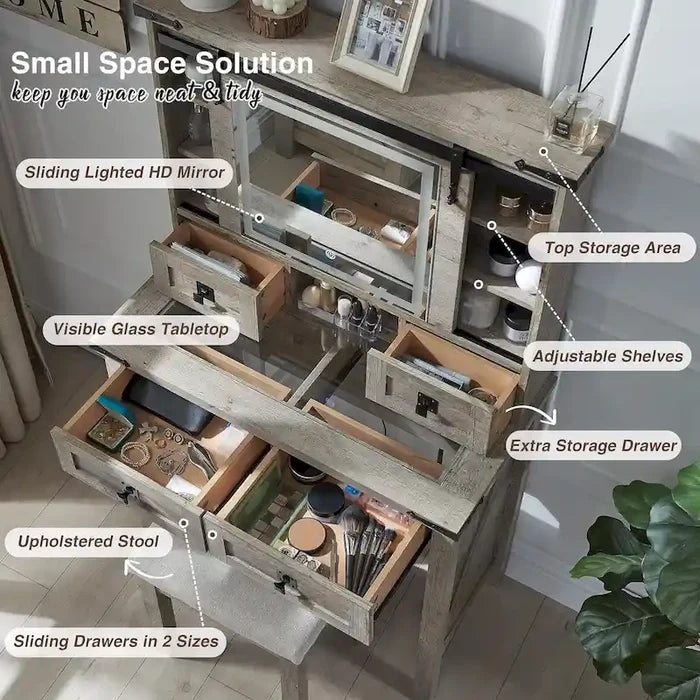 Farmhouse Makeup Vanity Desk with Mirror and Upholstered Stool