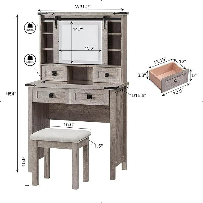 Farmhouse Makeup Vanity Desk with Mirror and Upholstered Stool