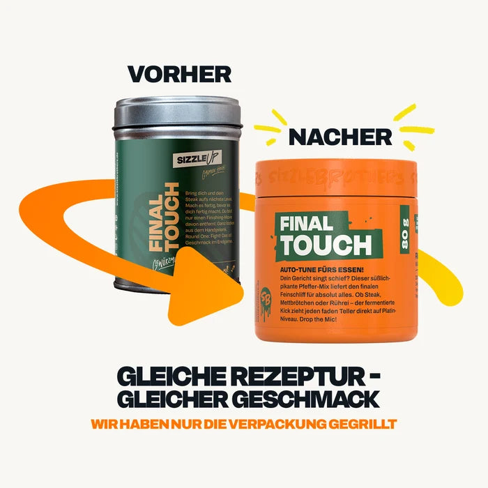 Vorher-Nachher von Gewürzdosen, neue ist orange. Text: Gleiches Rezept, gleicher Geschmack.