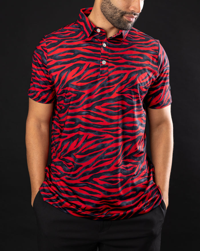 GOAT red zebra stripe golf polo