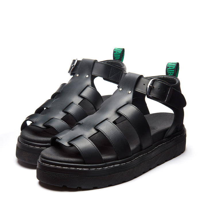 Grendon - Black Greasy Three Strap Sandal
