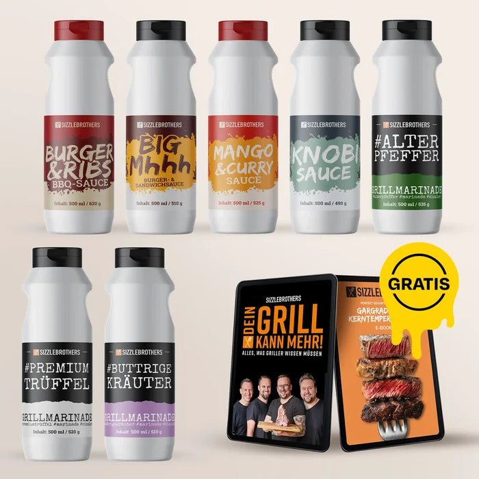 Sechs Flaschen Marinade, zwei Grillbücher mit „GRATIS“-Symbol.