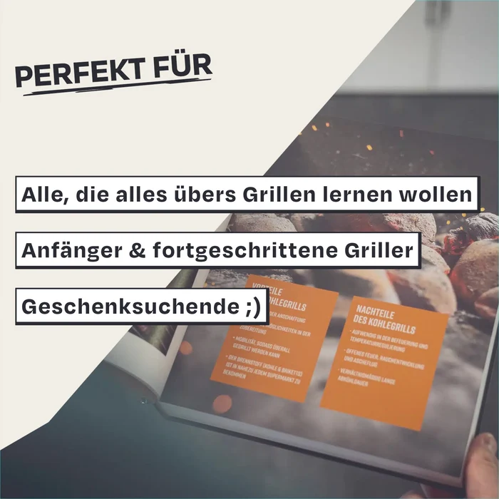 Nahaufnahme eines Buches über Grillen, Text nennt Anfänger und Fortgeschrittene.