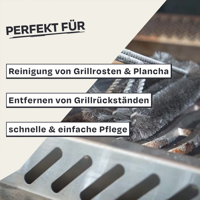 Grillbürste mit Metallborsten auf Grillrost. Text: Perfekt für Reinigung von Grillrosten & Plancha.