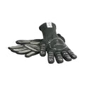 Graue hitzebeständige Handschuhe mit aufgedrucktem Fries-Muster und Logo.