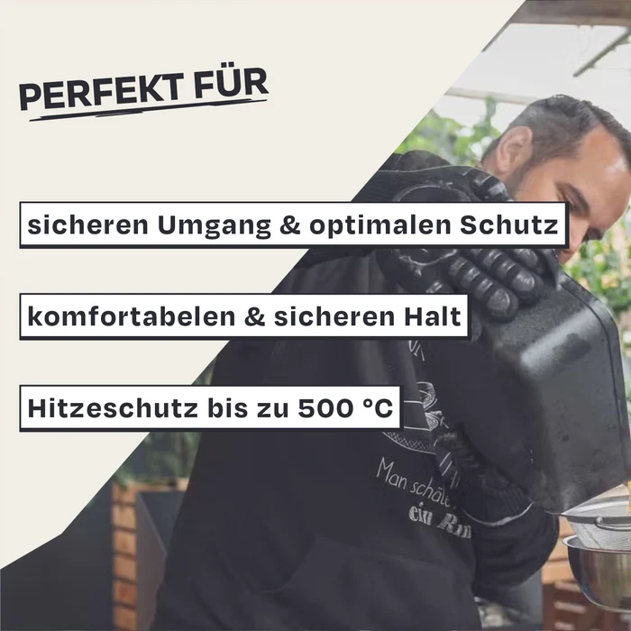 Person mit schwarzen Handschuhen gießt Flüssigkeit. Text: Perfekt für sicheren Umgang & optimalen Schutz.