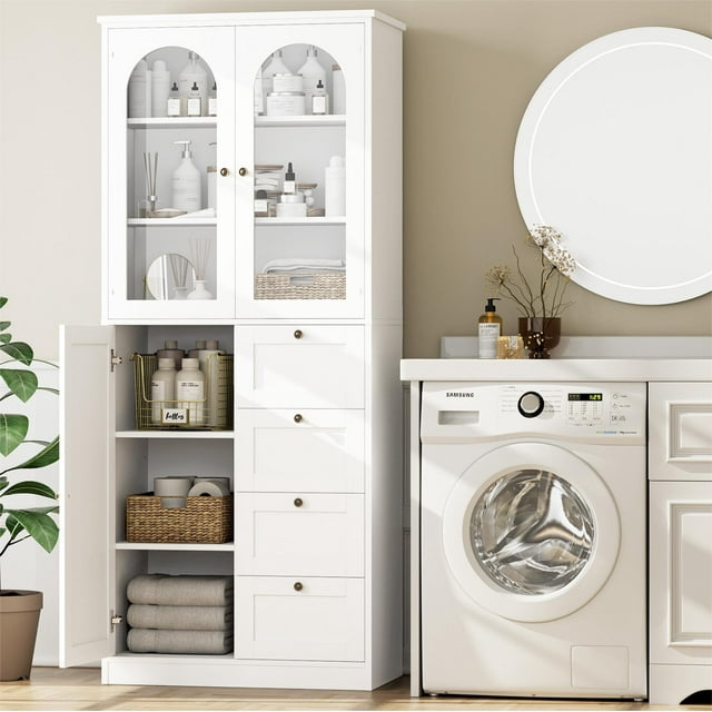 Homfa 70.9" Bathroom Cabinet with 2 Glass Doors and 3 Drawers, Wood Linen Cabinet Tall Storage Cabinet with Adjustable Shelves, White