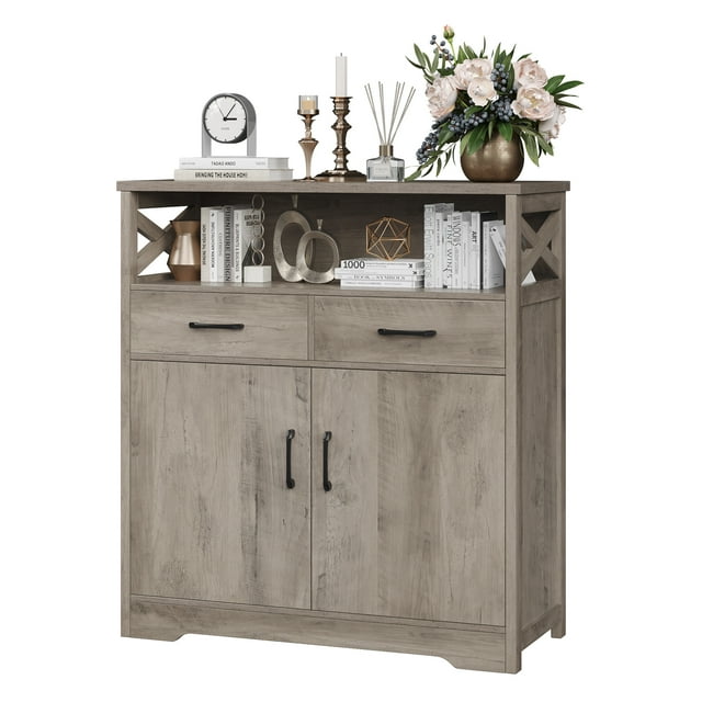 Homfa Accent Cabinet with 2 Drawers, Farmhouse Storage Cabinet with Open Shelf for Living Room, Wash Gray Finish