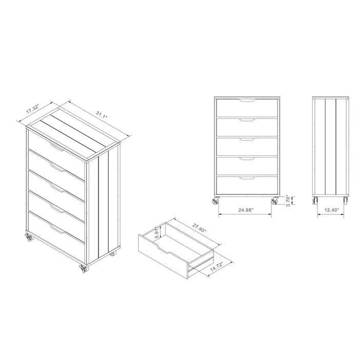 Industrial Vintage Grey Oak 31-Inch Wide 5-Drawer Mobile Vertical Dresser