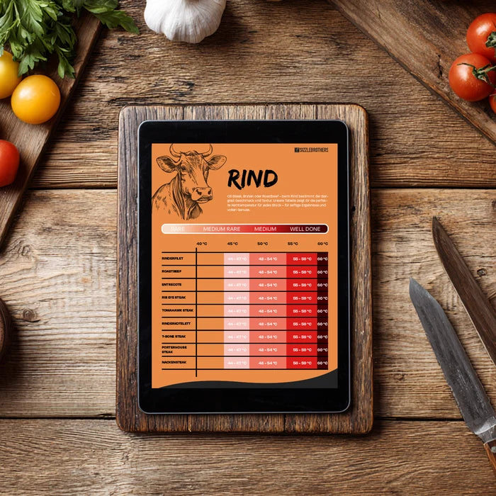 Tablet zeigt Rindfleisch-Kochzeiten und Temperaturtabelle in Küche.