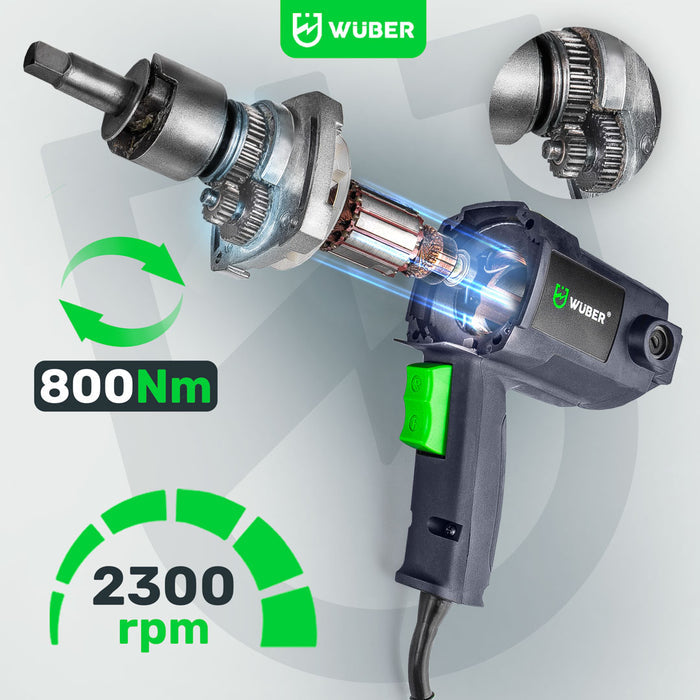 Srebrno-czarny WUBER klucz udarowy z napędem, moment 800 Nm i 2300 obr./min z mechanizmem