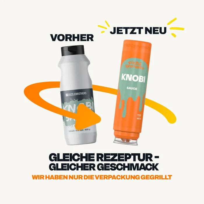 Neue Verpackung der SizzleBrothers Knobi-Sauce, alte weiße Flasche neben der neuen orangefarbenen 500 ml Flasche
