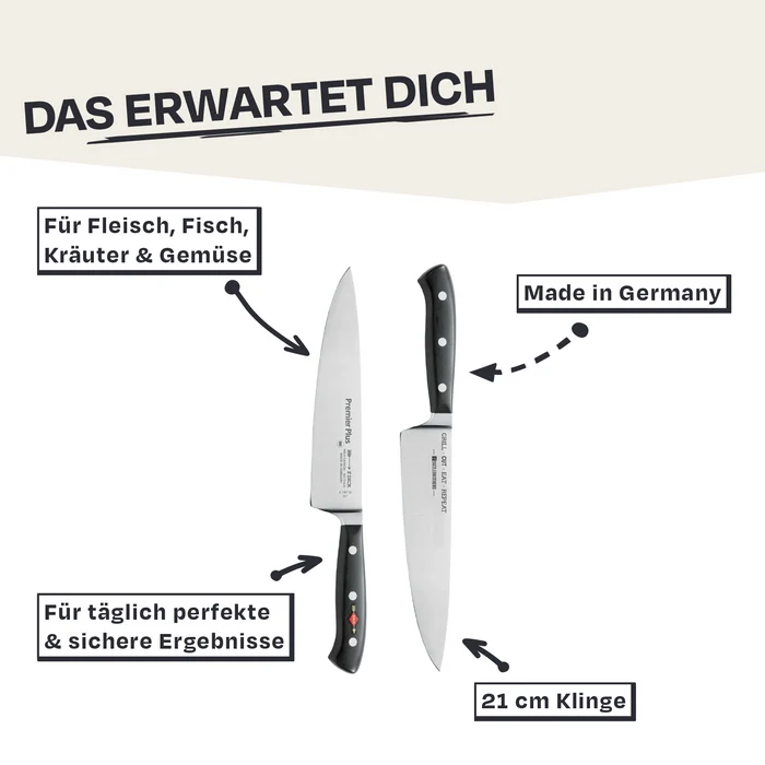 Zwei Messer mit 21 cm Klinge, Made in Germany, für Fleisch, Fisch, Kräuter & Gemüse.