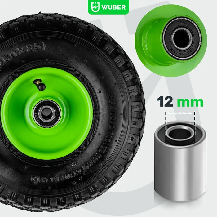 Koło do taczki 10" z dętką WUBER w czarnym kolorze z zielonym rdzeniem i łożyskiem 12 mm