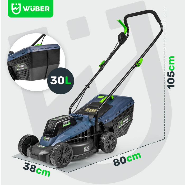 Akumulatorowa kosiarka bezszczotkowa WUBER 32 cm 20 V z pojemnikiem 30 L i ergonomicznie zaprojektowanym uchwytem