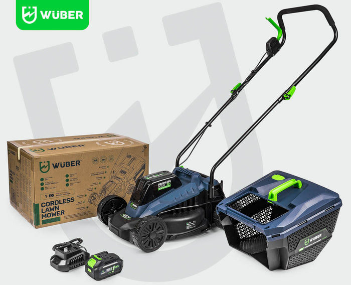 Akumulatorowa kosiarka WUBER 32 cm 20 V z koszem i akumulatorami w zestawie
