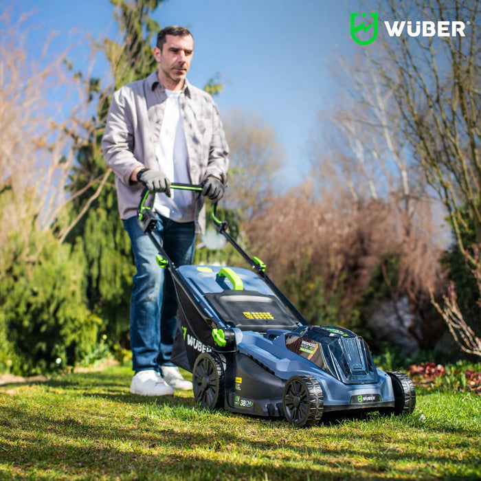 Akumulatorowa kosiarka bezszczotkowa WUBER 38 cm 40 V z ergonomiczną rączką i dużymi kołami