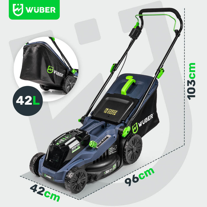 Akumulatorowa kosiarka WUBER 38 cm 40 V z koszem o pojemności 42 L i ergonomiczną rączką