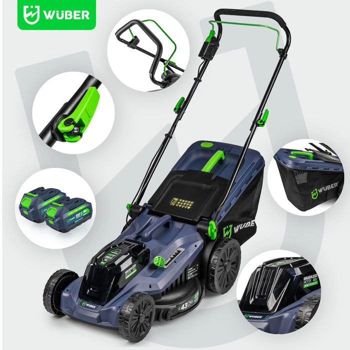 Akumulatorowa kosiarka bezszczotkowa WUBER 43 cm w kolorze niebieskim z dwoma akumulatorami 40 V