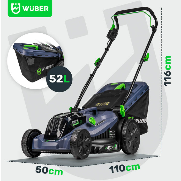 Akumulatorowa kosiarka WUBER 43 cm z pojemnikiem 52L i ergonomiczną rączką
