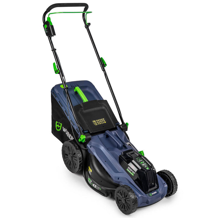 Akumulatorowa kosiarka bezszczotkowa WUBER 43 cm w kolorze niebieskim z ergonomicznym uchwytem