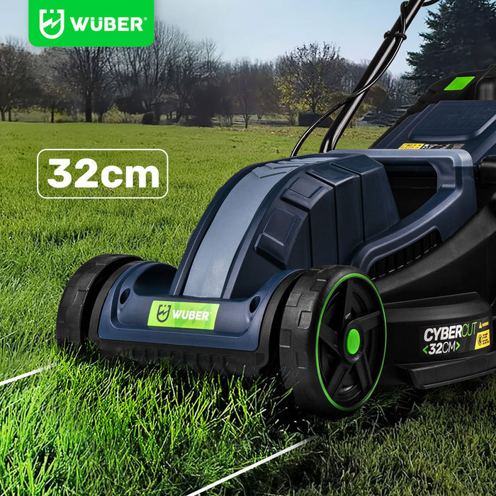 Ogrodowa kosiarka WUBER do trawy na trawniku niebiesko-czarna z zielonymi kołami 32 cm