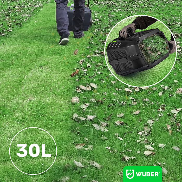 Ogrodowy Sklep narzędziowy WUBER odkurzacz do liści czarny z pojemnikiem 30 l na trawniku