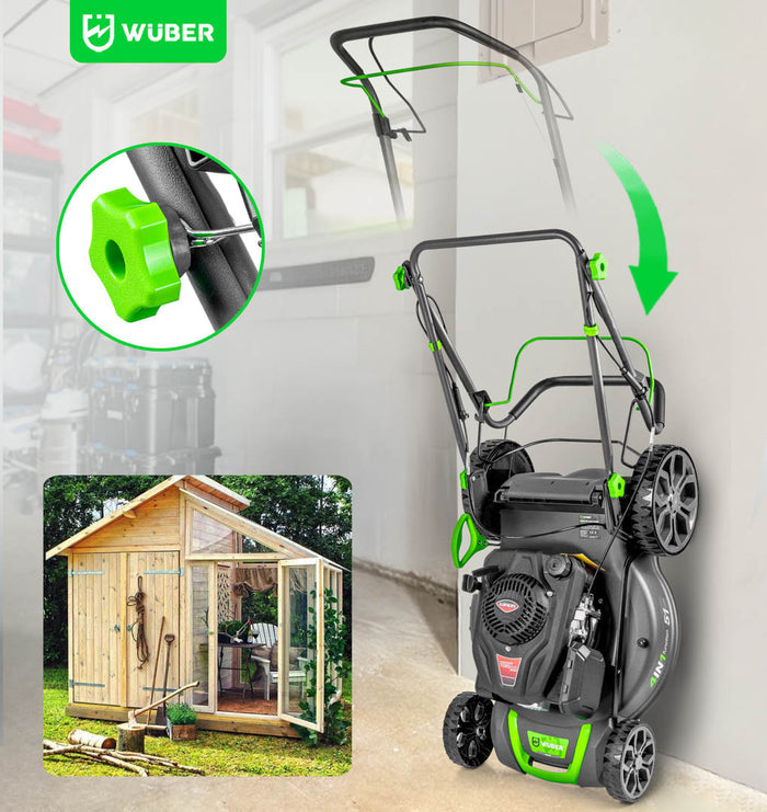 Czarno-zielona WUBER kosiarka do trawy z zieloną końcówką kabla i detalem przy uchwycie