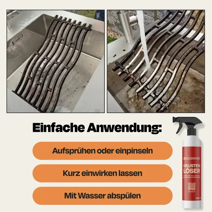 Reinigungsprozess an Grillrosten mit Krustenloser in drei Schritten beschrieben.