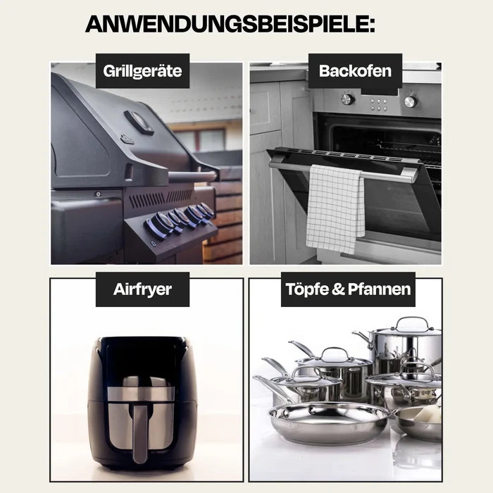 Vier Bereiche: Grillgeräte, Backofen, Airfryer, Töpfe und Pfannen mit Text.