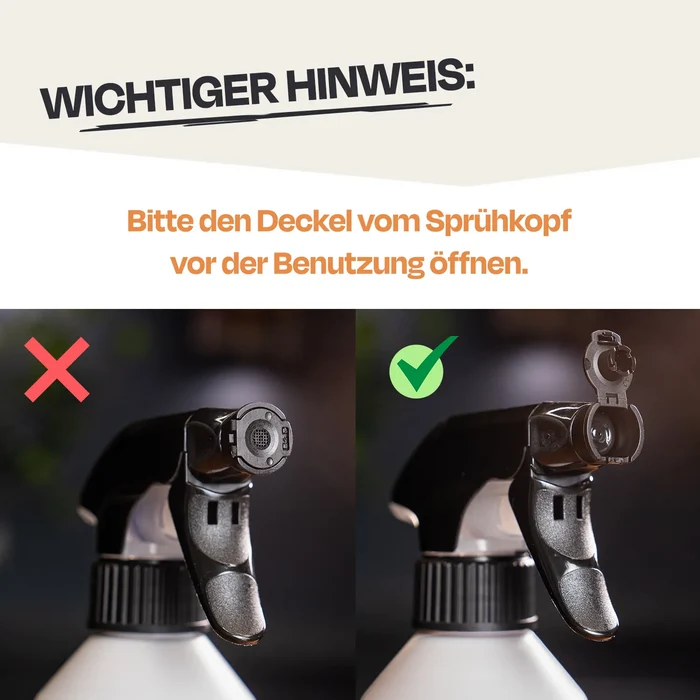 Hinweis zum Öffnen des Sprühkopfs vor der Benutzung mit grünem Häkchen.