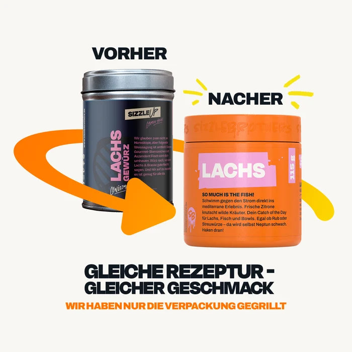Zwei Gewürzdosen, eine alte und eine neue orangefarbene, mit Text: Gleiches Rezept, gleicher Geschmack.