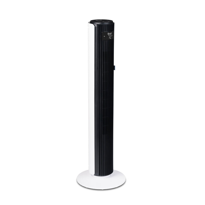 Levoit Tower Fan with sleek black and white design, showcasing the side view and digital display for easy control.