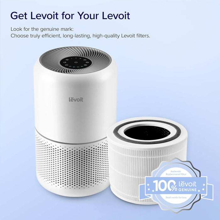 Levoit Core 300 air purifier with genuine filter, showcasing high-quality, long-lasting filtration. 100% Levoit genuine replacement filter