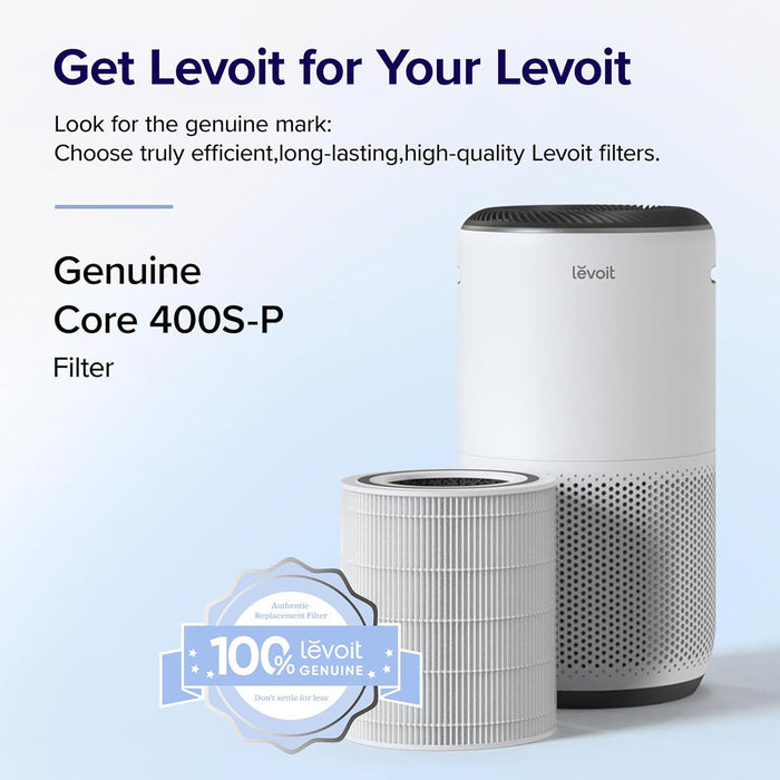 Levoit Core 400S-P air purifier with genuine filter, highlighting long-lasting, high-quality filtration for optimal air quality.
