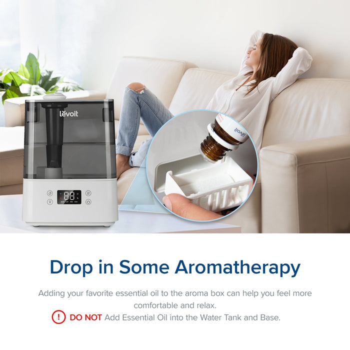 Levoit Humidifier with aromatherapy, adding essential oils to the aroma box for a relaxing, comfortable experience. Do not add oils to the water tank